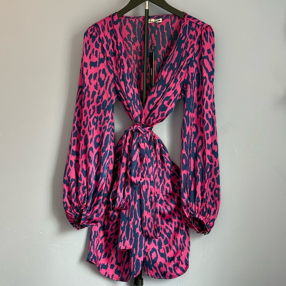 Leopard Wrap Tulip Mini Dress Fushia Navy Balloon Sleeves Size Large Y2K Style